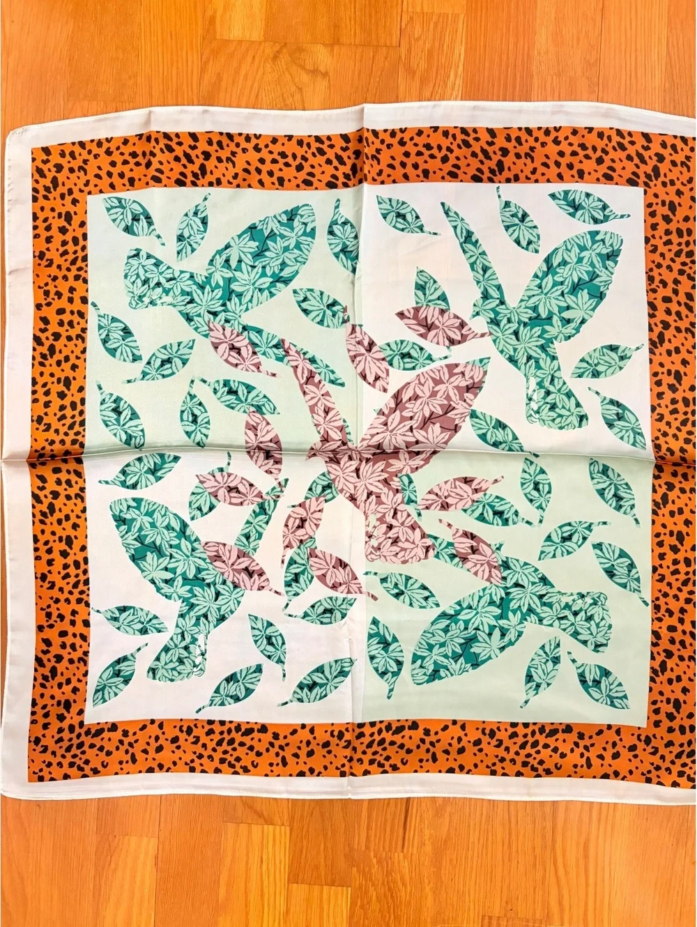 Vintage Floral Leaf Print Square Scarf with Orange Leopard Border